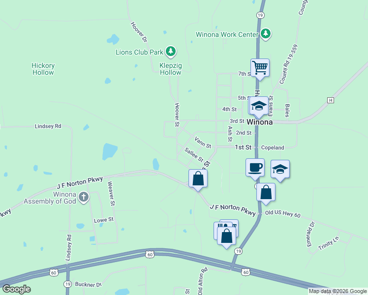 map of restaurants, bars, coffee shops, grocery stores, and more near 114 Pine Street in Winona