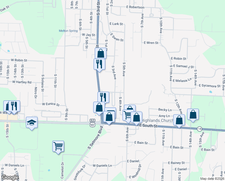 map of restaurants, bars, coffee shops, grocery stores, and more near 101 East Hartley Street in Ozark