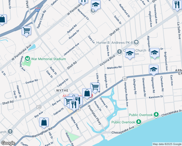 map of restaurants, bars, coffee shops, grocery stores, and more near 2708 Victoria Boulevard in Hampton
