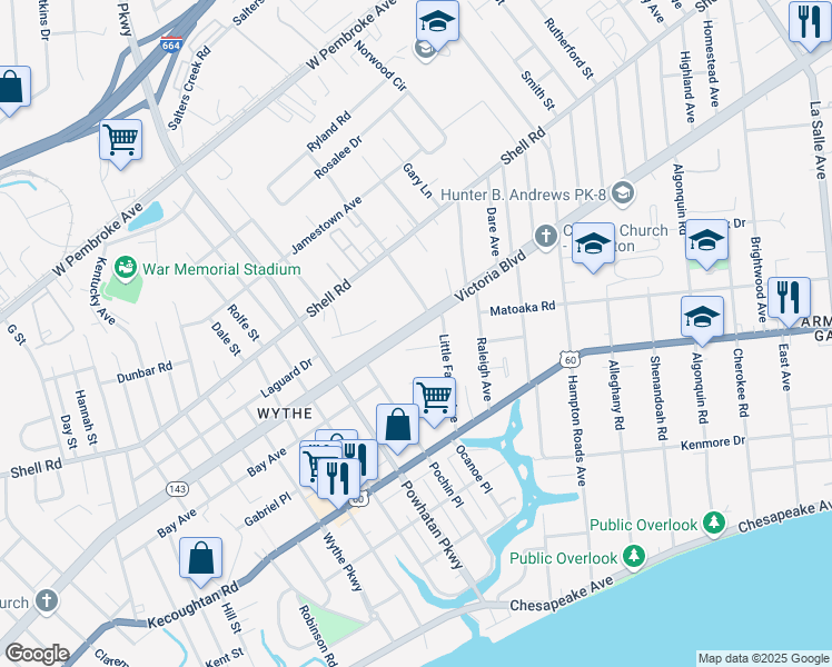 map of restaurants, bars, coffee shops, grocery stores, and more near 2708 Victoria Boulevard in Hampton