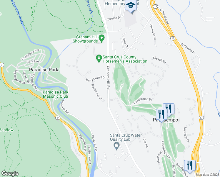 map of restaurants, bars, coffee shops, grocery stores, and more near 1080 Graham Hill Road in Santa Cruz
