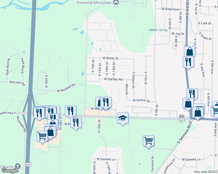 map of restaurants, bars, coffee shops, grocery stores, and more near 1409 South Atlas Court in Ozark