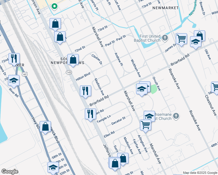 map of restaurants, bars, coffee shops, grocery stores, and more near 628 Highland Court in Newport News