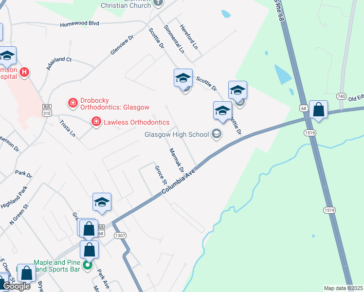 map of restaurants, bars, coffee shops, grocery stores, and more near 107 Sandwood Drive in Glasgow
