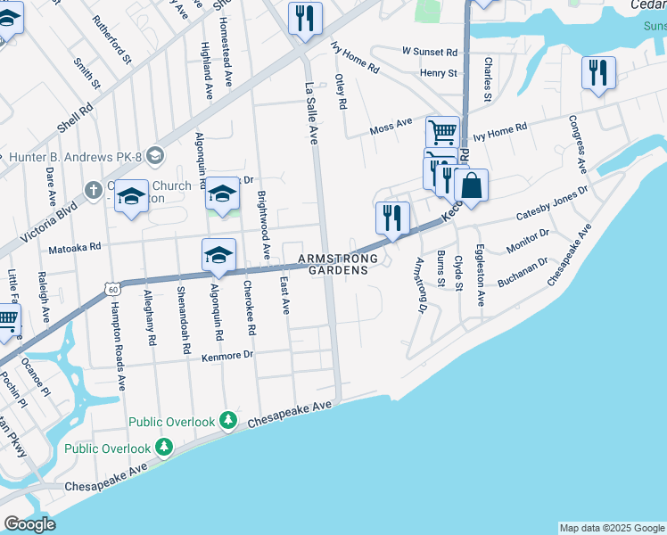 map of restaurants, bars, coffee shops, grocery stores, and more near 3700 Kecoughtan Road in Hampton