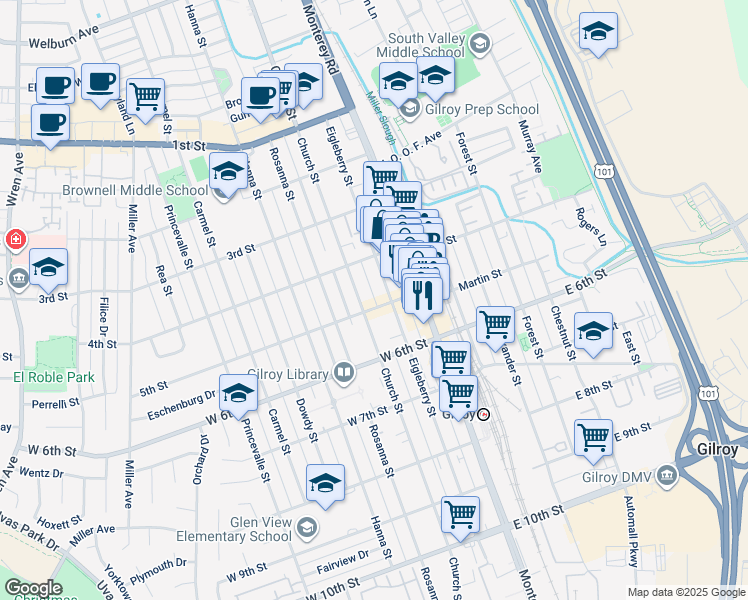 map of restaurants, bars, coffee shops, grocery stores, and more near 7511 Church Street in Gilroy