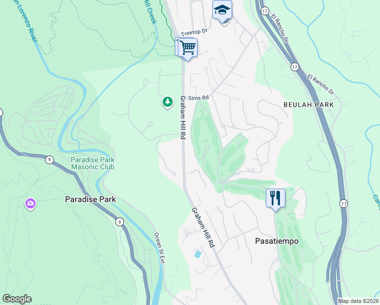 map of restaurants, bars, coffee shops, grocery stores, and more near 1080 Graham Hill Road in Santa Cruz