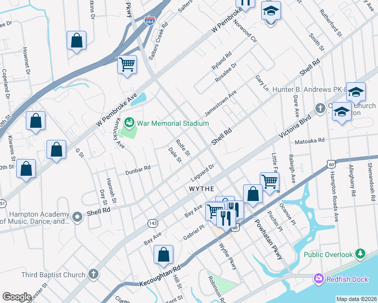 map of restaurants, bars, coffee shops, grocery stores, and more near 1909 Shell Road in Hampton