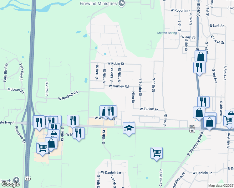 map of restaurants, bars, coffee shops, grocery stores, and more near 1409 South Atlas Court in Ozark