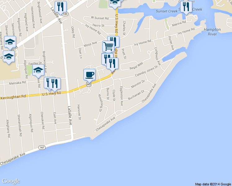map of restaurants, bars, coffee shops, grocery stores, and more near 128 Clyde Street in Hampton