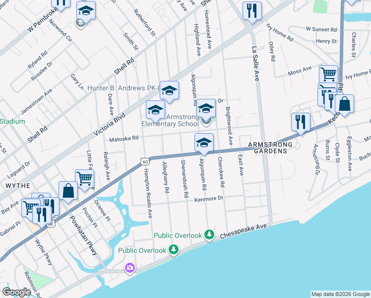 map of restaurants, bars, coffee shops, grocery stores, and more near 3301 Kecoughtan Road in Hampton