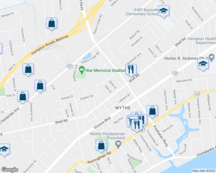 map of restaurants, bars, coffee shops, grocery stores, and more near 616 Dale Street in Hampton