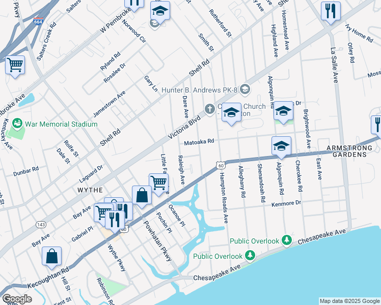 map of restaurants, bars, coffee shops, grocery stores, and more near 2909 Sir Walter Ln in Hampton