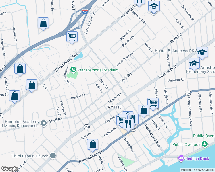 map of restaurants, bars, coffee shops, grocery stores, and more near 1909 Shell Road in Hampton