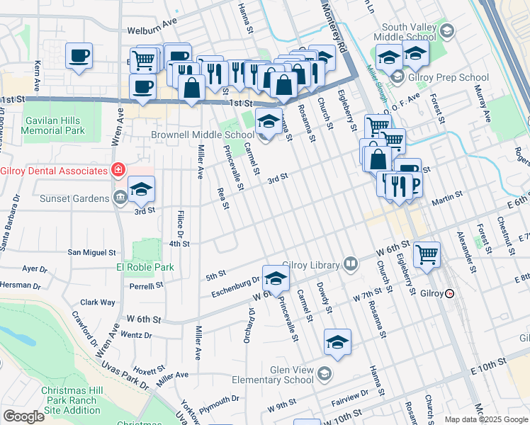 map of restaurants, bars, coffee shops, grocery stores, and more near 7621 Carmel Street in Gilroy