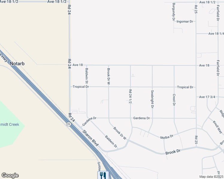 map of restaurants, bars, coffee shops, grocery stores, and more near 17800 Brook Drive West in Madera