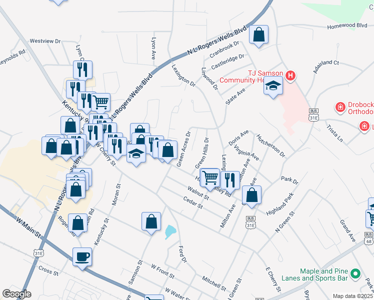map of restaurants, bars, coffee shops, grocery stores, and more near 201-269 Green Acres Drive in Glasgow