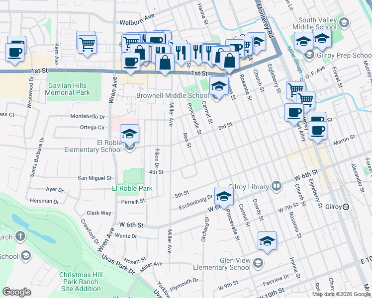 map of restaurants, bars, coffee shops, grocery stores, and more near 7681 Rea Street in Gilroy