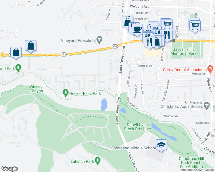 map of restaurants, bars, coffee shops, grocery stores, and more near 7702 Cinnamon Way in Gilroy