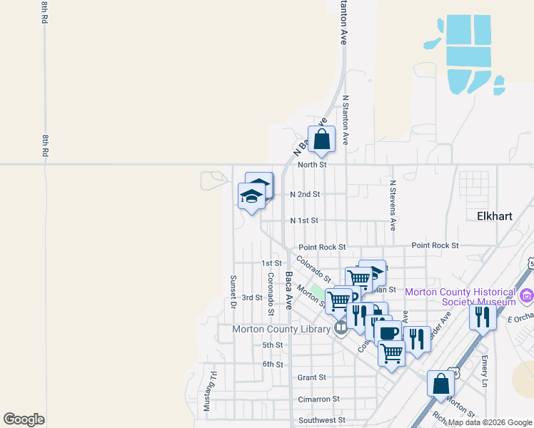 map of restaurants, bars, coffee shops, grocery stores, and more near 150 Wildcat Avenue in Elkhart