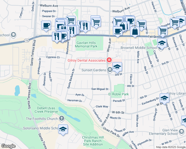 map of restaurants, bars, coffee shops, grocery stores, and more near 1099 3rd Street in Gilroy