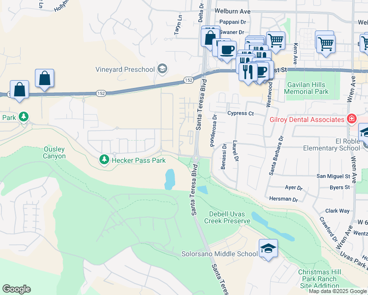 map of restaurants, bars, coffee shops, grocery stores, and more near 7600 Isabella Way in Gilroy