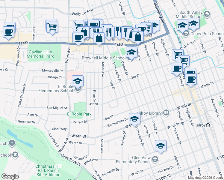 map of restaurants, bars, coffee shops, grocery stores, and more near 7681 Rea Street in Gilroy