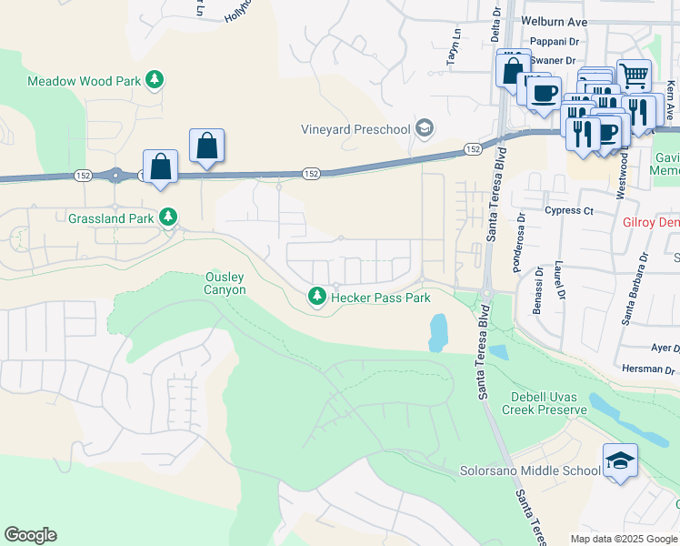 map of restaurants, bars, coffee shops, grocery stores, and more near 7711 Fennel Place in Gilroy