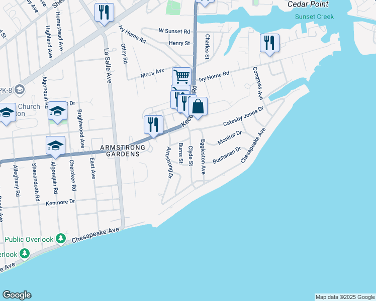 map of restaurants, bars, coffee shops, grocery stores, and more near 128 Clyde Street in Hampton