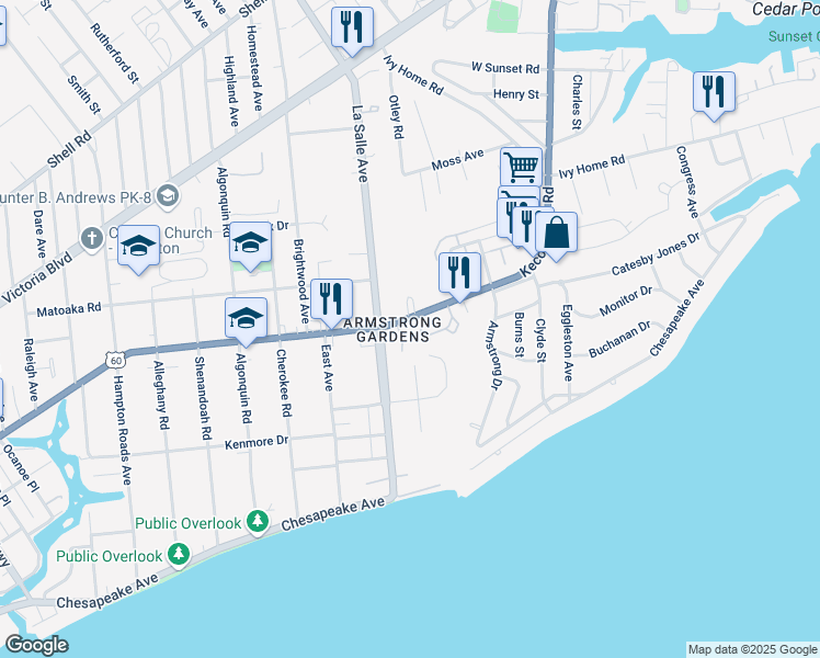 map of restaurants, bars, coffee shops, grocery stores, and more near 3700 Kecoughtan Road in Hampton