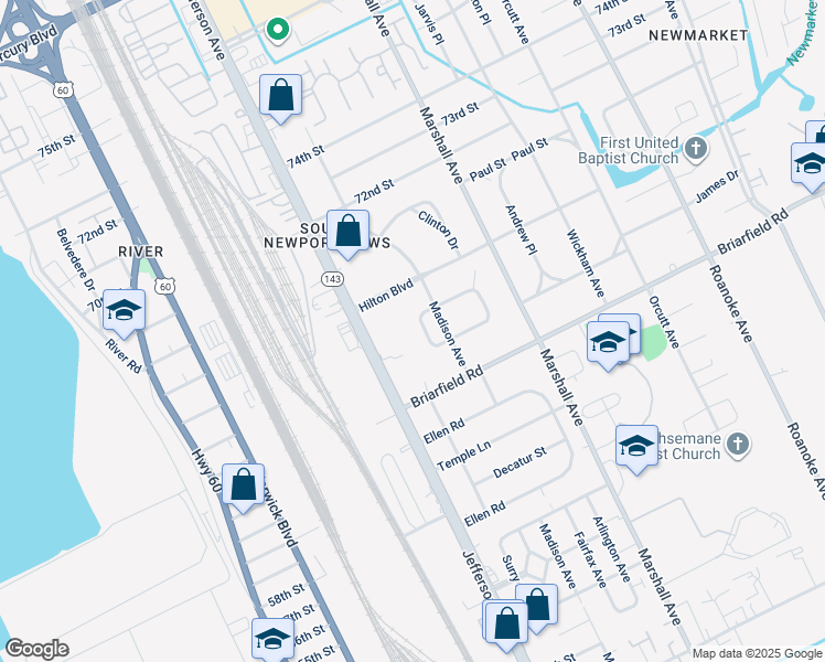 map of restaurants, bars, coffee shops, grocery stores, and more near 611 Highland Court in Newport News