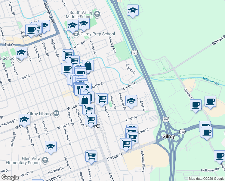 map of restaurants, bars, coffee shops, grocery stores, and more near 7390 Forest Street in Gilroy