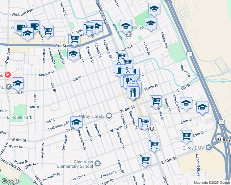 map of restaurants, bars, coffee shops, grocery stores, and more near 7511 Church Street in Gilroy