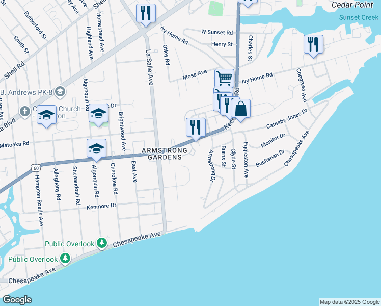 map of restaurants, bars, coffee shops, grocery stores, and more near 3750 Kecoughtan Road in Hampton