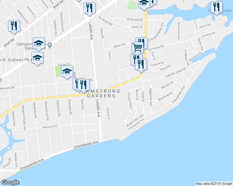 map of restaurants, bars, coffee shops, grocery stores, and more near 3750 Kecoughtan Road in Hampton