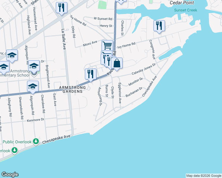 map of restaurants, bars, coffee shops, grocery stores, and more near 128 Clyde Street in Hampton