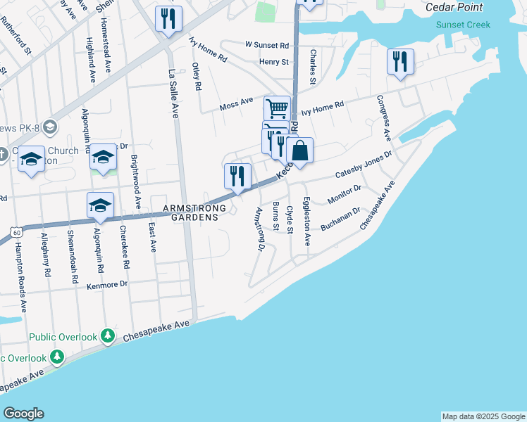 map of restaurants, bars, coffee shops, grocery stores, and more near 158 Armstrong Drive in Hampton