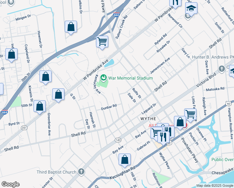 map of restaurants, bars, coffee shops, grocery stores, and more near 713 Maryland Avenue in Hampton
