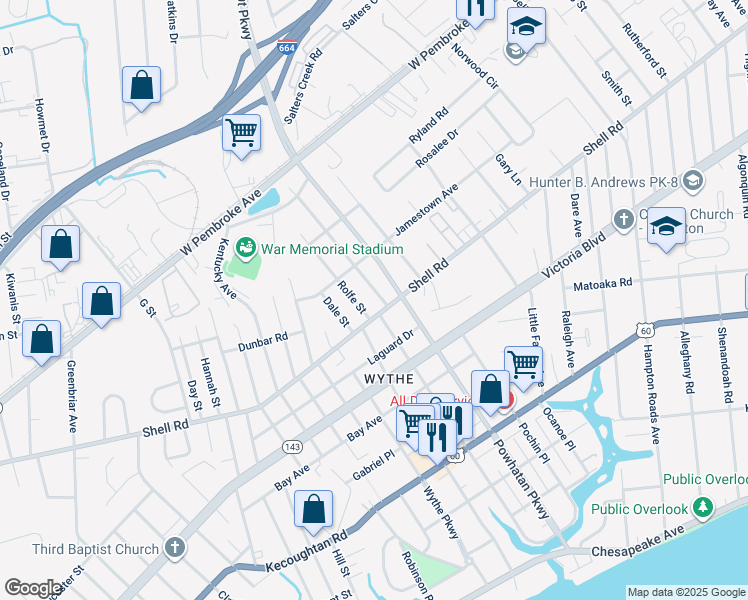map of restaurants, bars, coffee shops, grocery stores, and more near 611 Pocahontas Place in Hampton