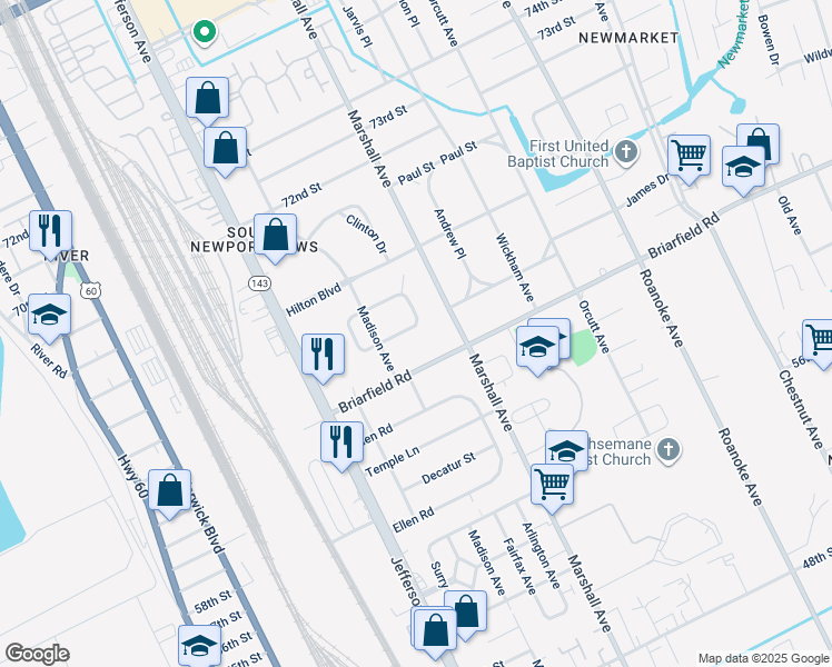 map of restaurants, bars, coffee shops, grocery stores, and more near 628 Highland Court in Newport News
