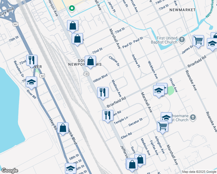 map of restaurants, bars, coffee shops, grocery stores, and more near 611 Highland Court in Newport News
