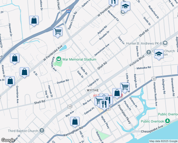 map of restaurants, bars, coffee shops, grocery stores, and more near 611 Pocahontas Place in Hampton