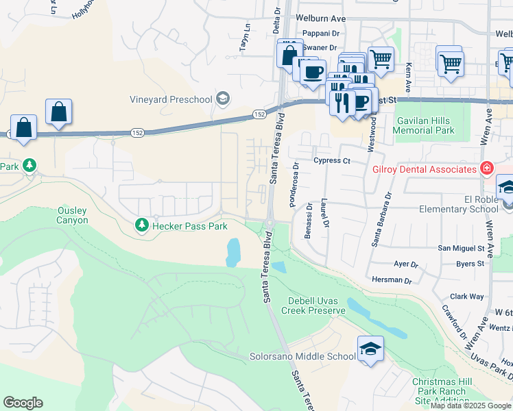 map of restaurants, bars, coffee shops, grocery stores, and more near 7600 Isabella Way in Gilroy