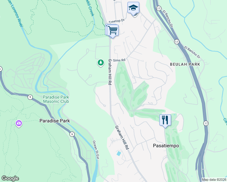 map of restaurants, bars, coffee shops, grocery stores, and more near 1080 Graham Hill Road in Santa Cruz