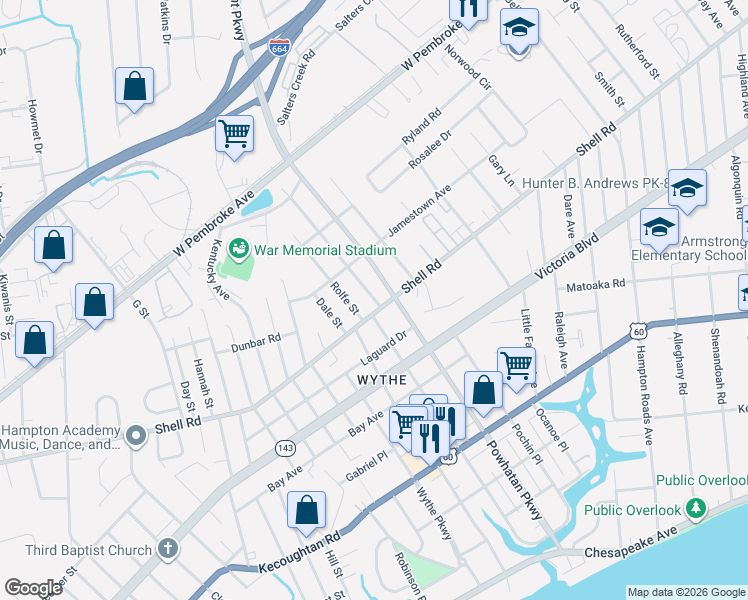map of restaurants, bars, coffee shops, grocery stores, and more near 1909 Shell Road in Hampton