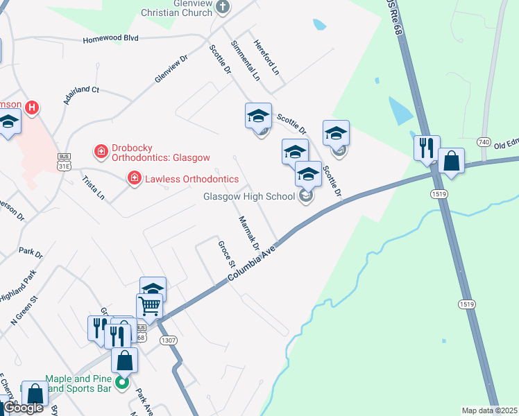 map of restaurants, bars, coffee shops, grocery stores, and more near 107 Sandwood Drive in Glasgow