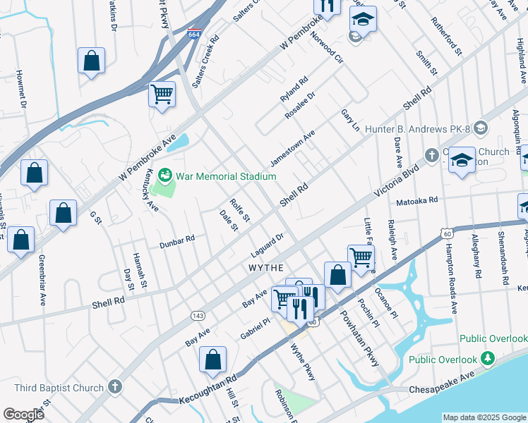 map of restaurants, bars, coffee shops, grocery stores, and more near 1909 Shell Road in Hampton