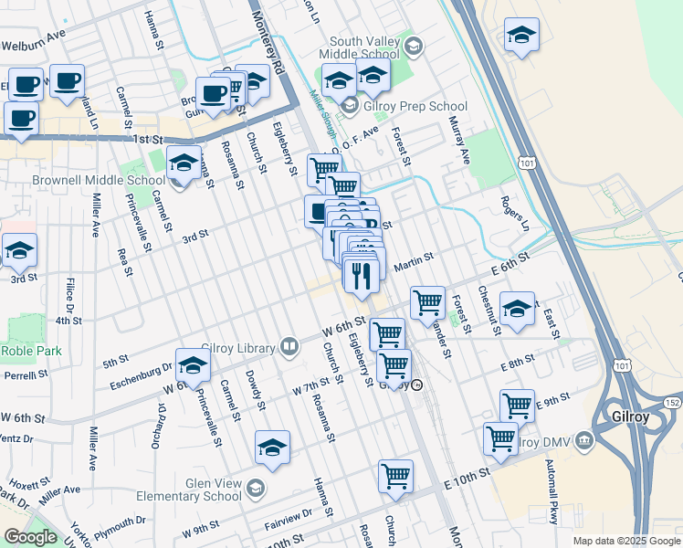 map of restaurants, bars, coffee shops, grocery stores, and more near 92 5th Street in Gilroy