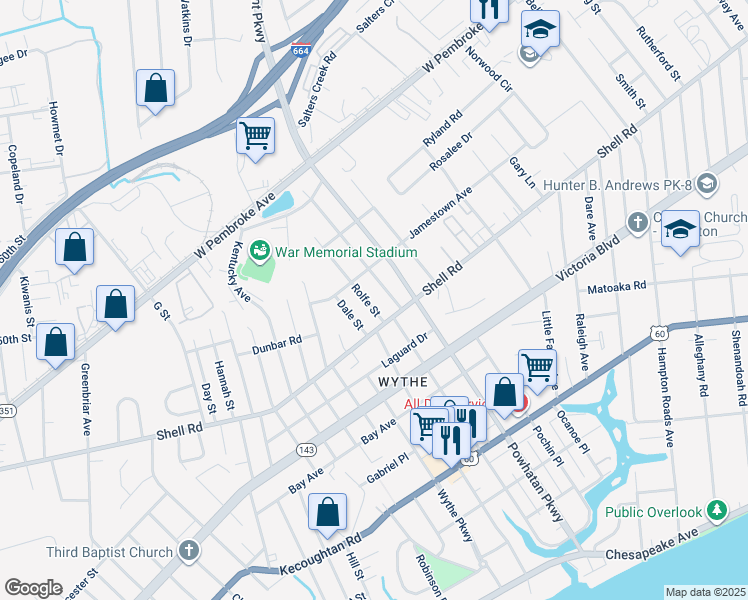 map of restaurants, bars, coffee shops, grocery stores, and more near 620 Rolfe Street in Hampton