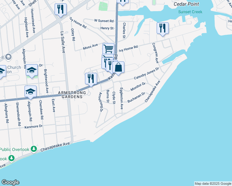map of restaurants, bars, coffee shops, grocery stores, and more near 128 Clyde Street in Hampton